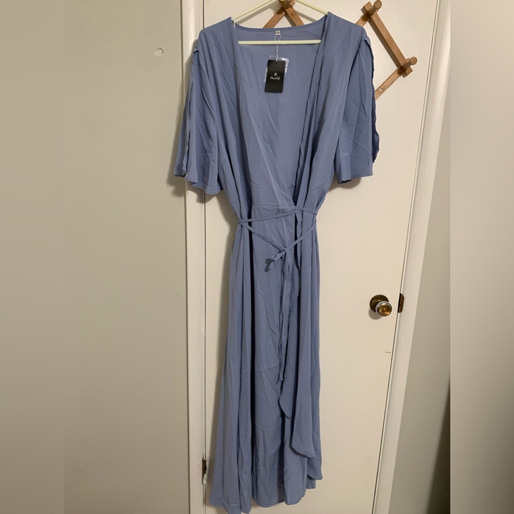 DEEP SELF Women Summer V Neck Short Sleeve Split
Wrap Maxi Dress Waist Tie